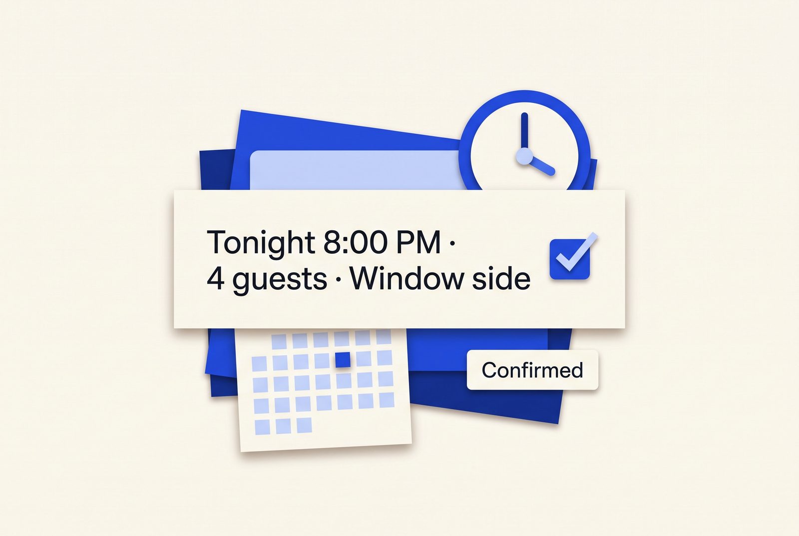 A confirmed booking card reading Tonight 8:00 PM, 4 guests, window side, with a Confirmed pill